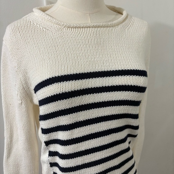 J. Crew Ivory Blue Striped Rollneck Sweater Nautical Chunky Knit Cotton Sz XS - Picture 2 of 8